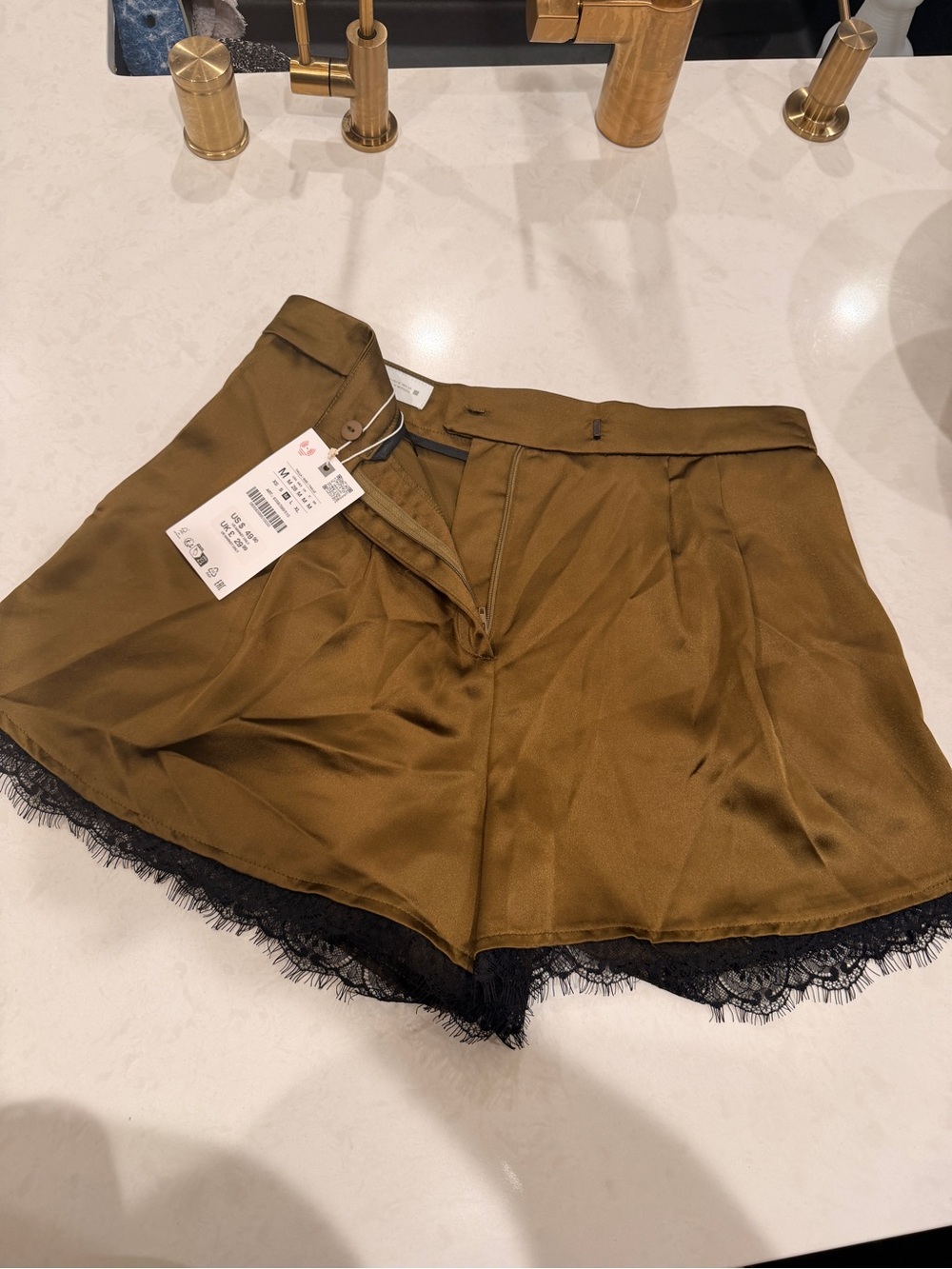 Zara Olive Satin Lace Trim Shorts - Picture 2 of 4